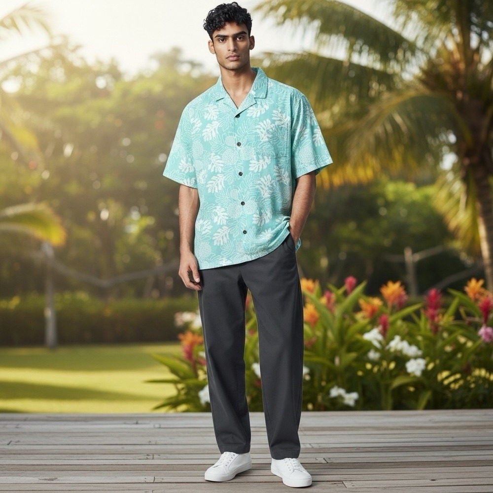 Patagonia Pataloha Shirt Men's Lg Aqua Blue Hawaiian Floral Fern Organic Cotton
